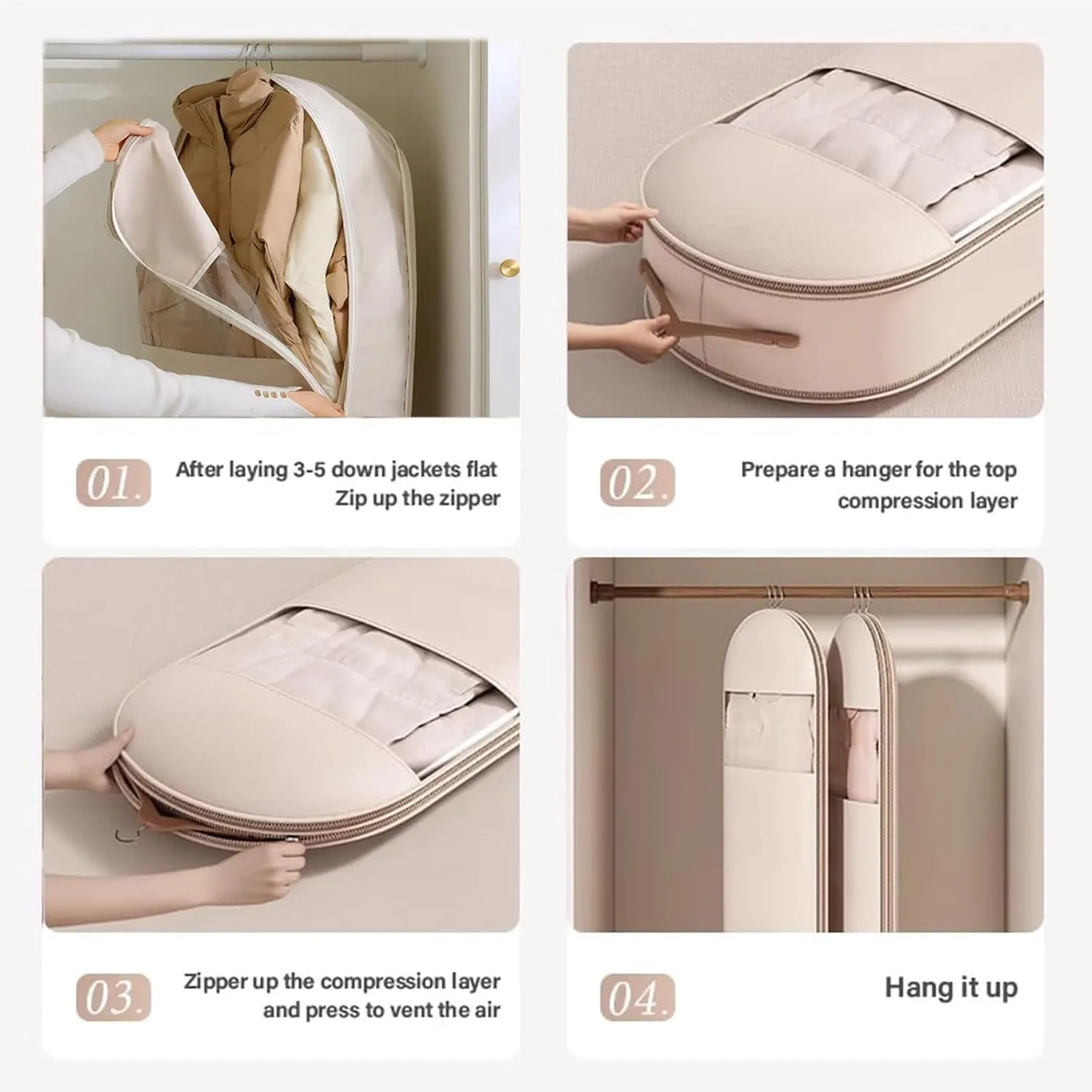 Space Saving Hanging Garment Bag with Self Compression Zipper, Space Saving Hanging Protector for Down Coat, Down Coat Compression Dust Cover for Closet Storage (Beige, L)