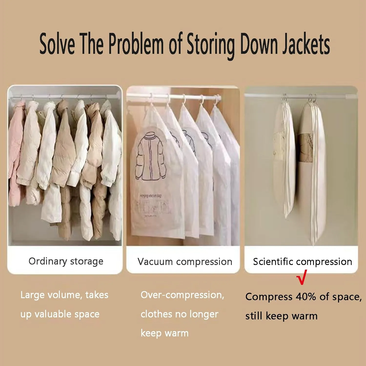 Space Saving Hanging Garment Bag with Self Compression Zipper, Space Saving Hanging Protector for Down Coat, Down Coat Compression Dust Cover for Closet Storage (Beige, L)