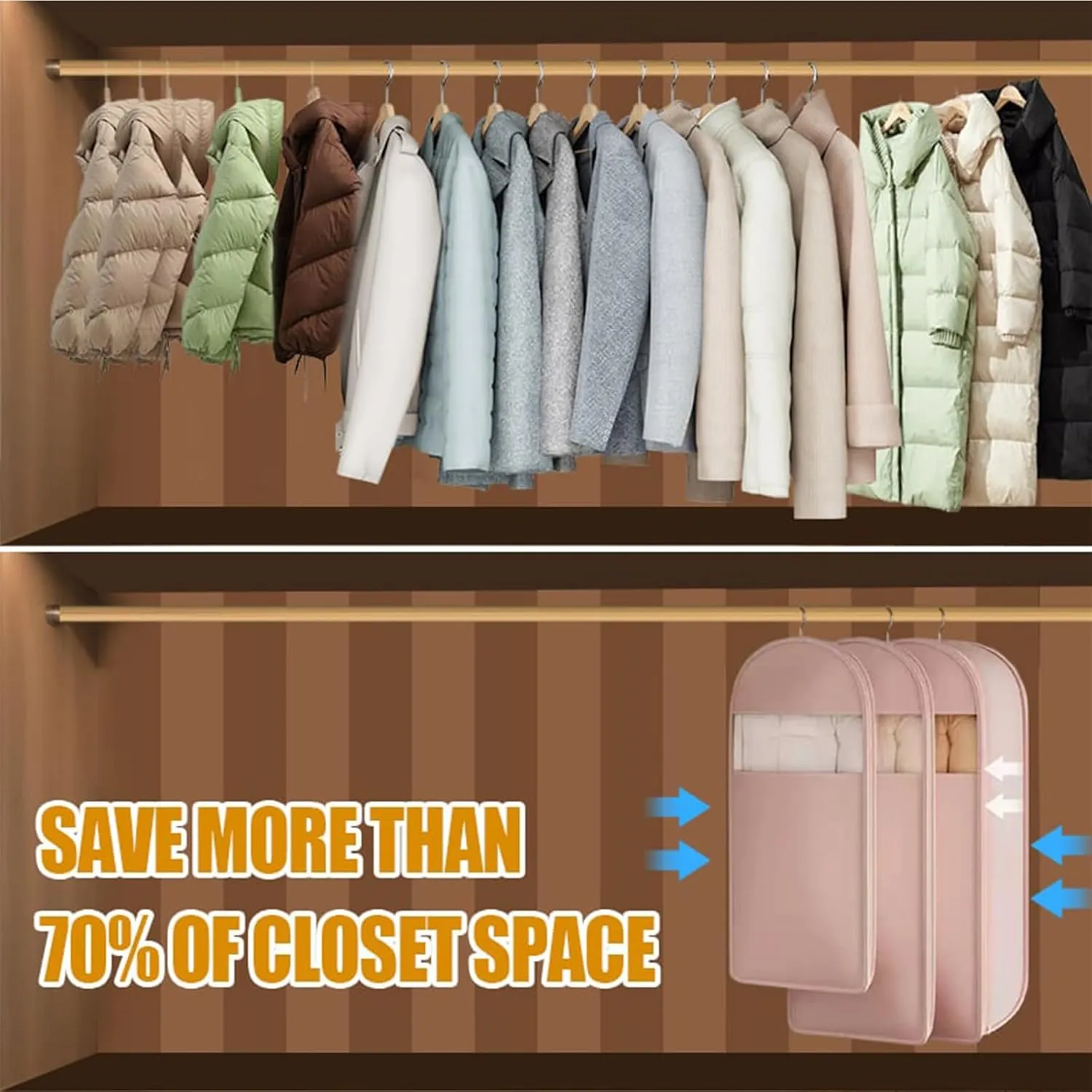 Space Saving Hanging Garment Bag with Self Compression Zipper, Space Saving Hanging Protector for Down Coat, Down Coat Compression Dust Cover for Closet Storage (Beige, L)