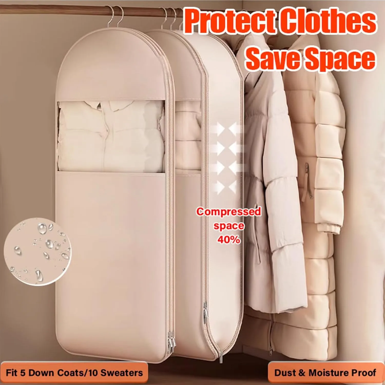 Space Saving Hanging Garment Bag with Self Compression Zipper, Space Saving Hanging Protector for Down Coat, Down Coat Compression Dust Cover for Closet Storage (Beige, L)