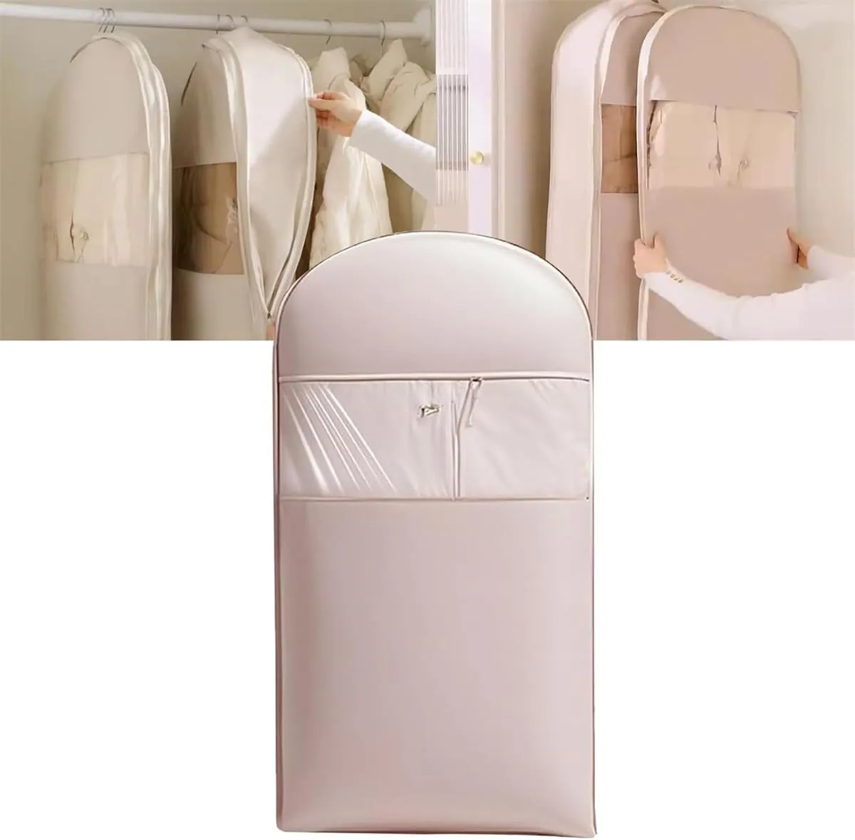 Space Saving Hanging Garment Bag with Self Compression Zipper, Space Saving Hanging Protector for Down Coat, Garment Duffle Bags for Travel (Pink,M L XL)