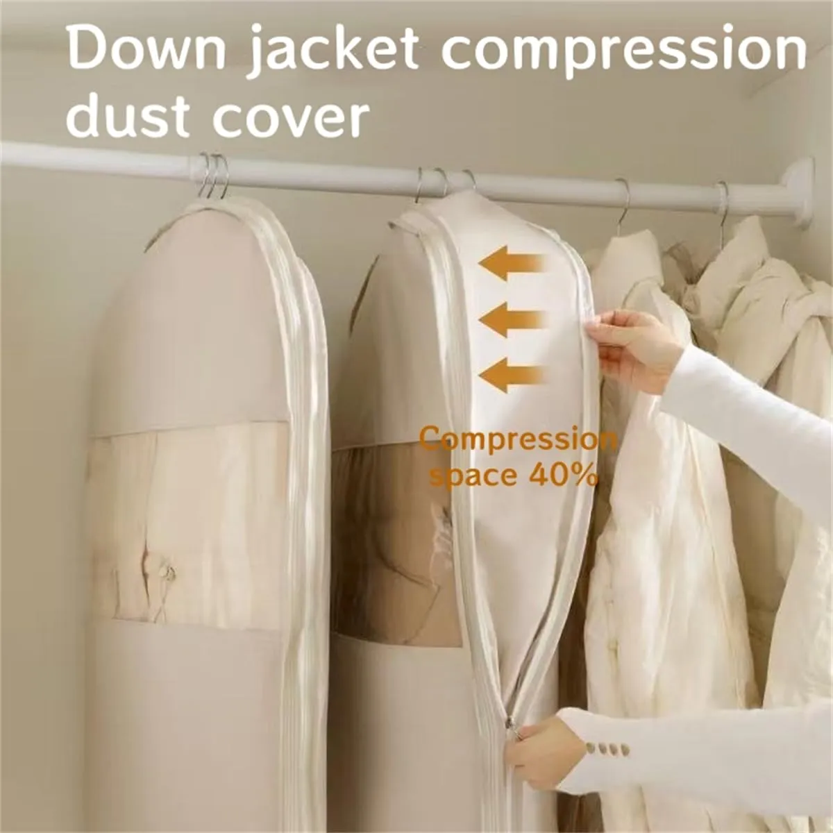Space Saving Hanging Garment Bag with Self Compression Zipper, Space Saving Hanging Protector for Down Coat, Garment Duffle Bags for Travel (Pink,M L XL)