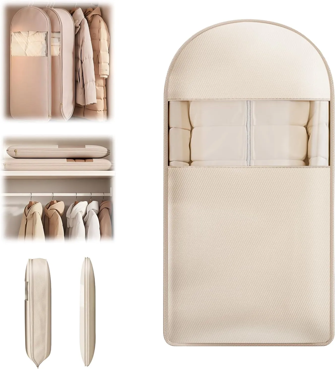 Space Saving Hanging Garment Bag with Self Compression Zipper,Self Compression Zip Garment Bags,Space Saving Hanging Protector,Dust Cover Clothes Bags for Down Coat (Beige,Large)