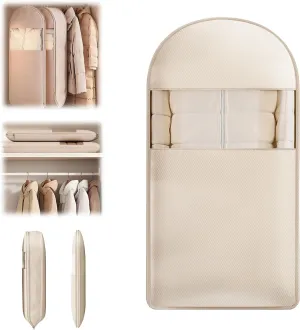 Space Saving Hanging Garment Bag with Self Compression Zipper,Self Compression Zip Garment Bags,Space Saving Hanging Protector,Dust Cover Clothes Bags for Down Coat (Beige,Large)