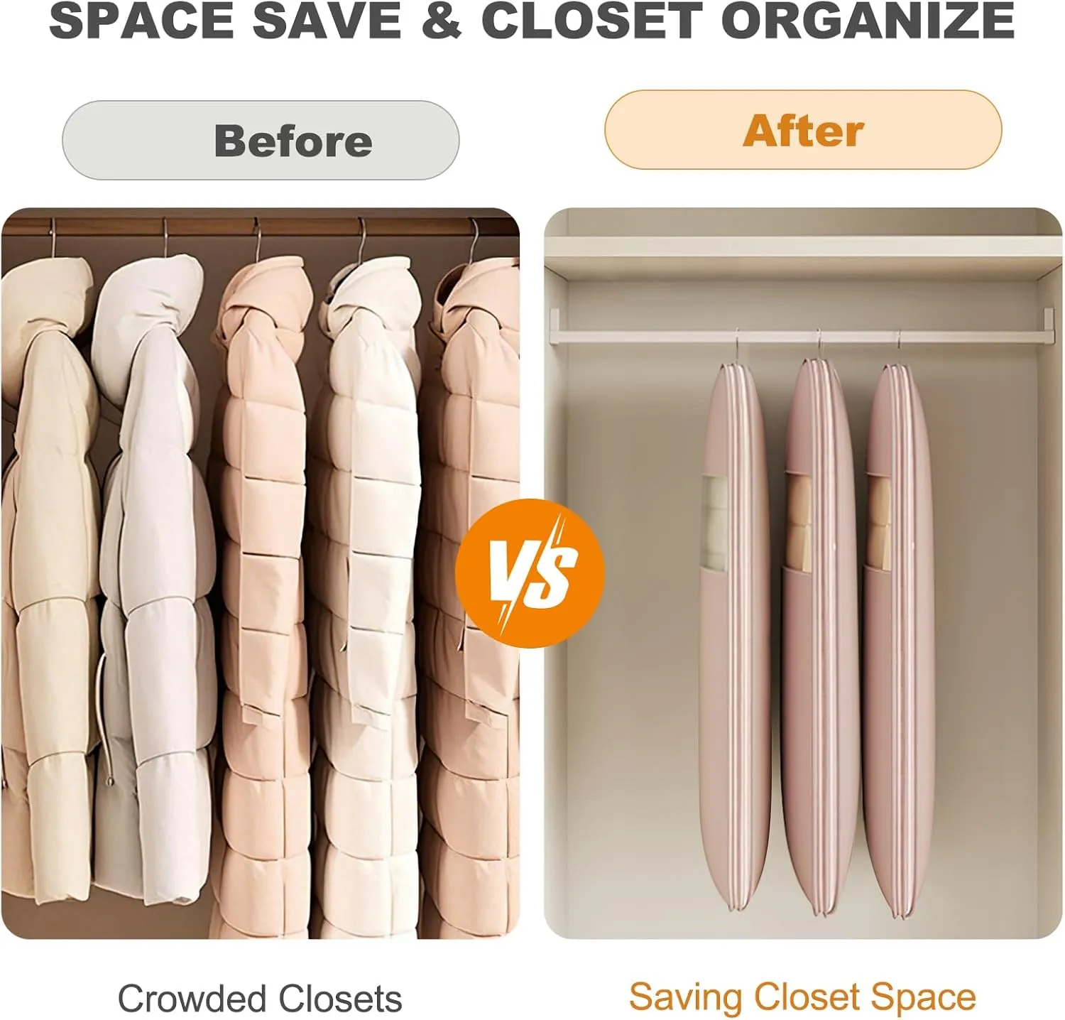 Space Saving Hanging Garment Bag with Self Compression Zipper,Self Compression Zip Garment Bags,Space Saving Hanging Protector,Dust Cover Clothes Bags for Down Coat (Beige,Large)