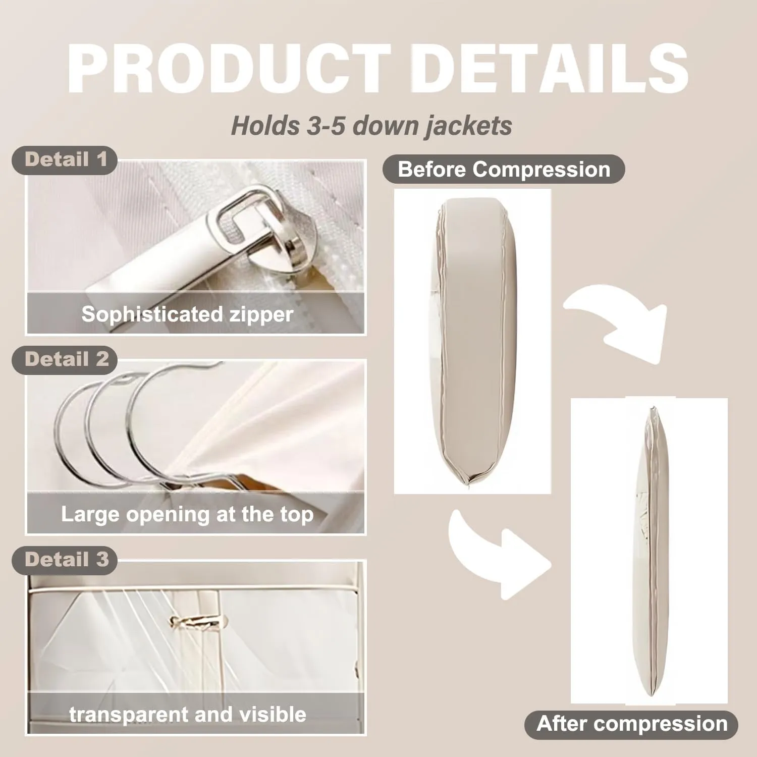 Space Saving Hanging Garment Bag with Self Compression Zipper,Space Saver Closet Organizers,Dust Cover Clothes Bags for Down Coat 2025 New (medium size)