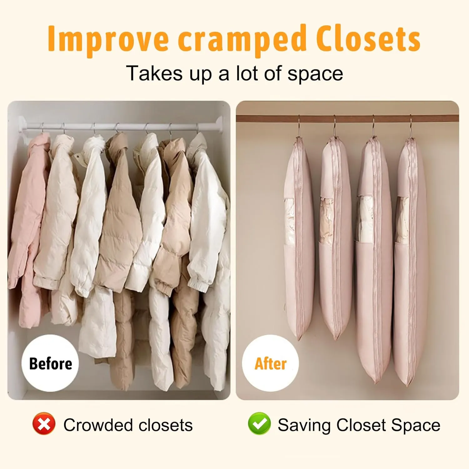 Space Saving Hanging Garment Bag with Self Compression Zipper,Space Saving Hanging Protector for Down Coat, Transparent Visibility Space Savin gown Coat Compression Dust Cover for Closet Storage