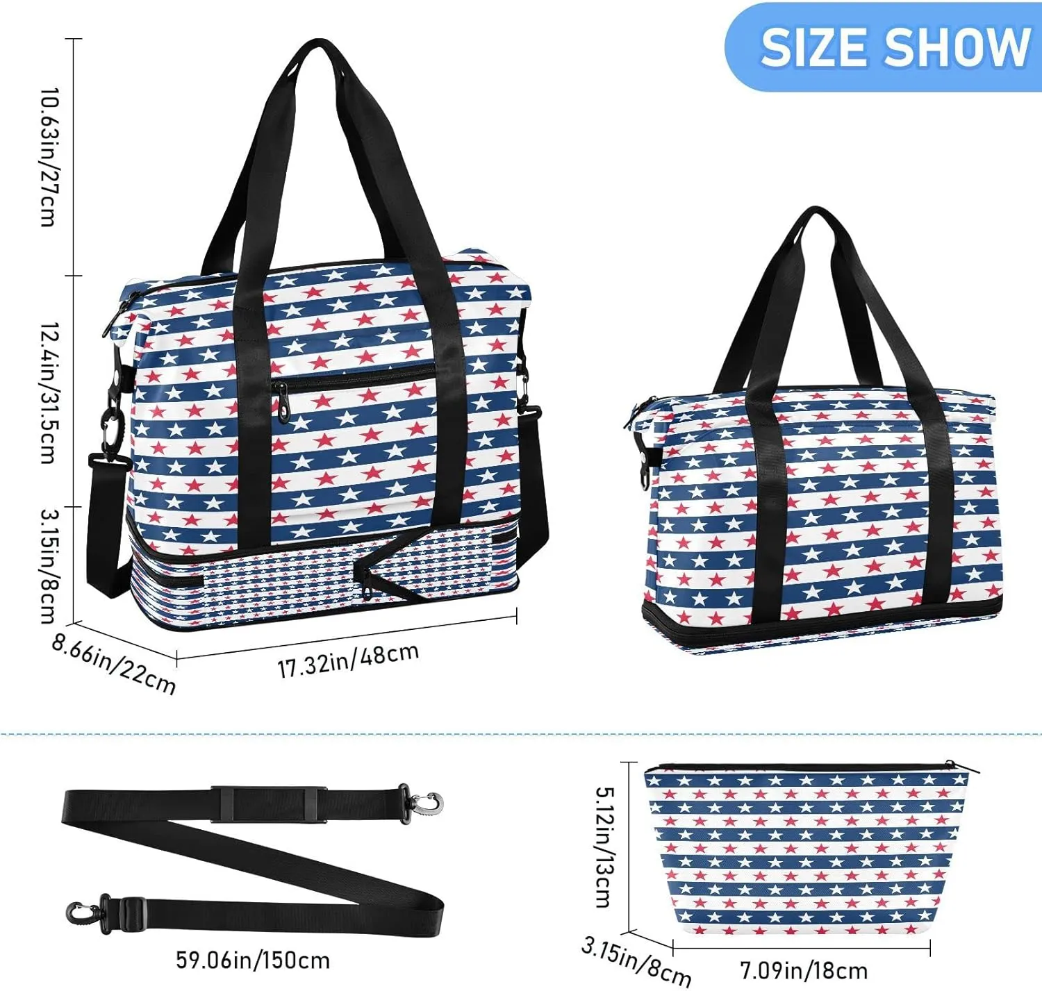 Sport Travel Duffle Bag Large Gym Tote Bag for Women,Independence Day Weekender Bag with Shoe Compartment,Ladies Beach Bag Overnight Bag Luggage Bag with Wet Bag