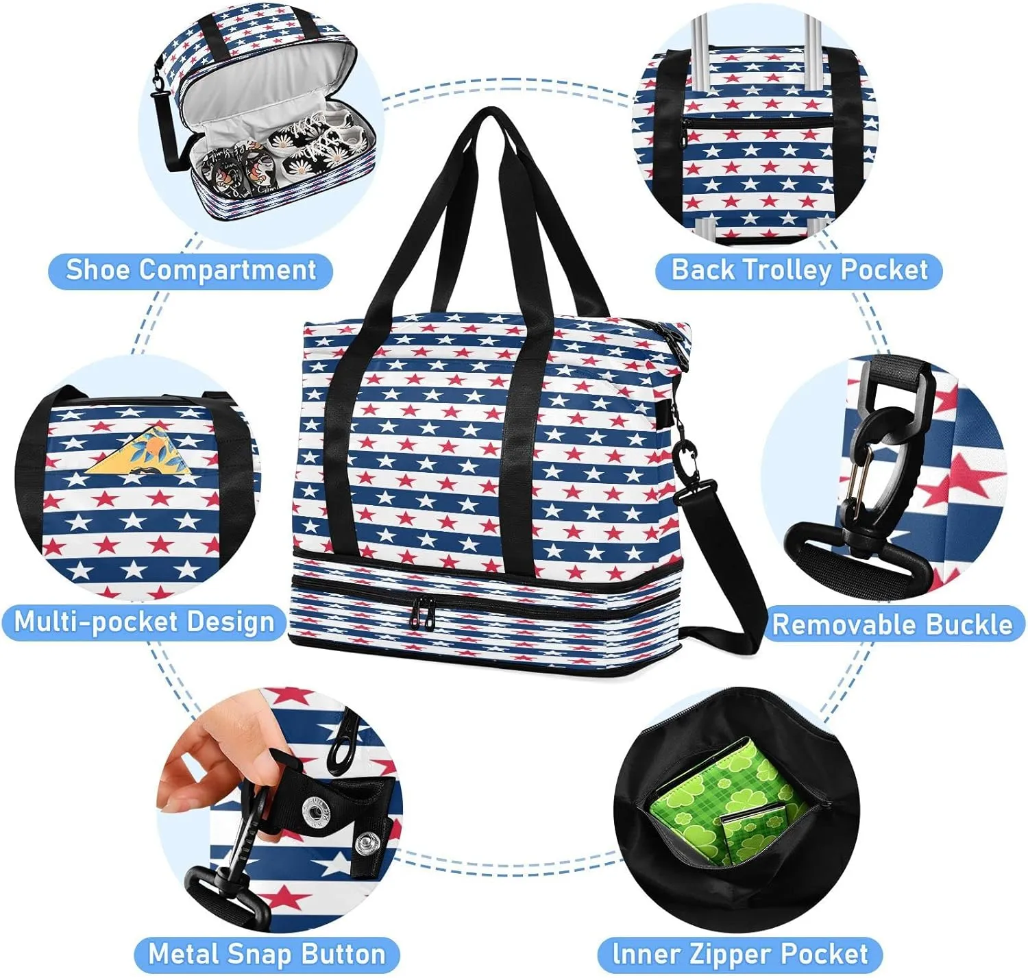 Sport Travel Duffle Bag Large Gym Tote Bag for Women,Independence Day Weekender Bag with Shoe Compartment,Ladies Beach Bag Overnight Bag Luggage Bag with Wet Bag