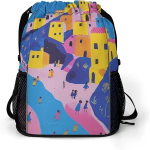Sports Drawstring Backpack for Men Women Moon And Village Gym Bag with Shoes Compartment Waterproof Sackpack