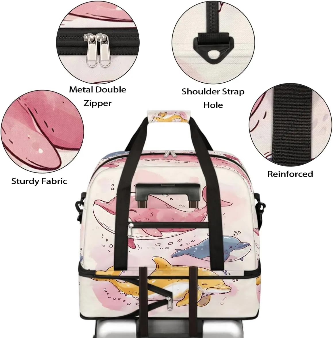 Sports Gym Bag Cute Cartoon Dolphin Large Travel Duffel Bag With Shoe Compartment Foldable Waterproof Carry-On Weekend Travel Bags for Camping Overnight Yoga Hospital Travel Bags