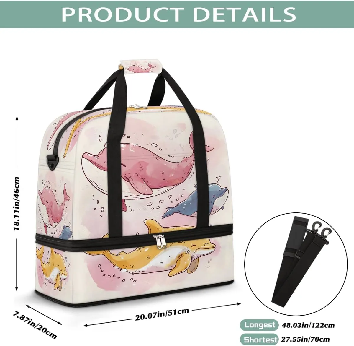 Sports Gym Bag Cute Cartoon Dolphin Large Travel Duffel Bag With Shoe Compartment Foldable Waterproof Carry-On Weekend Travel Bags for Camping Overnight Yoga Hospital Travel Bags