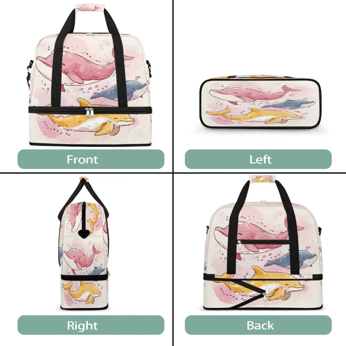 Sports Gym Bag Cute Cartoon Dolphin Large Travel Duffel Bag With Shoe Compartment Foldable Waterproof Carry-On Weekend Travel Bags for Camping Overnight Yoga Hospital Travel Bags