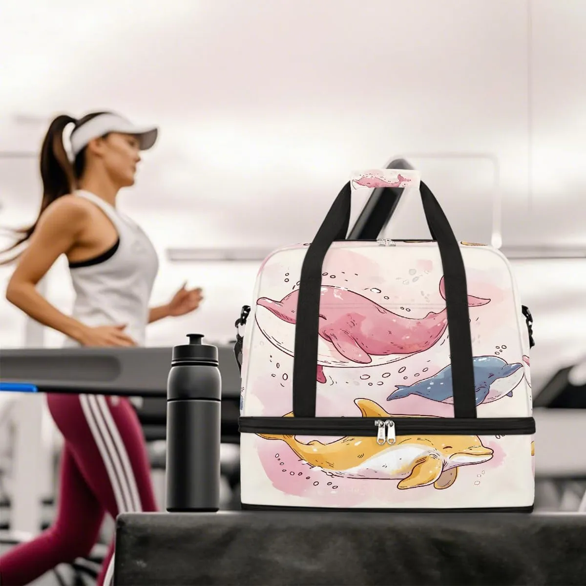 Sports Gym Bag Cute Cartoon Dolphin Large Travel Duffel Bag With Shoe Compartment Foldable Waterproof Carry-On Weekend Travel Bags for Camping Overnight Yoga Hospital Travel Bags