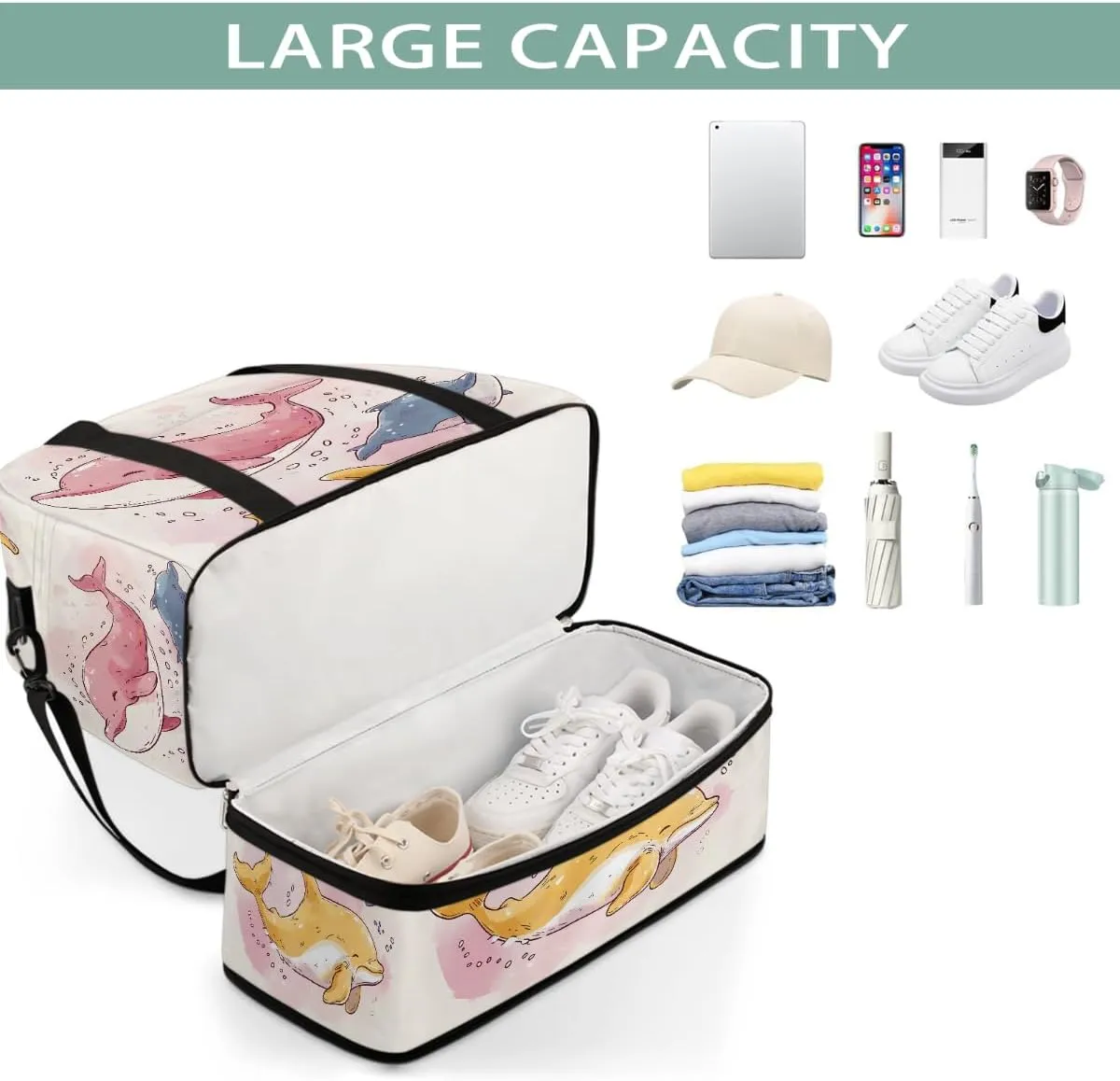 Sports Gym Bag Cute Cartoon Dolphin Large Travel Duffel Bag With Shoe Compartment Foldable Waterproof Carry-On Weekend Travel Bags for Camping Overnight Yoga Hospital Travel Bags