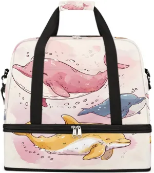 Sports Gym Bag Cute Cartoon Dolphin Large Travel Duffel Bag With Shoe Compartment Foldable Waterproof Carry-On Weekend Travel Bags for Camping Overnight Yoga Hospital Travel Bags