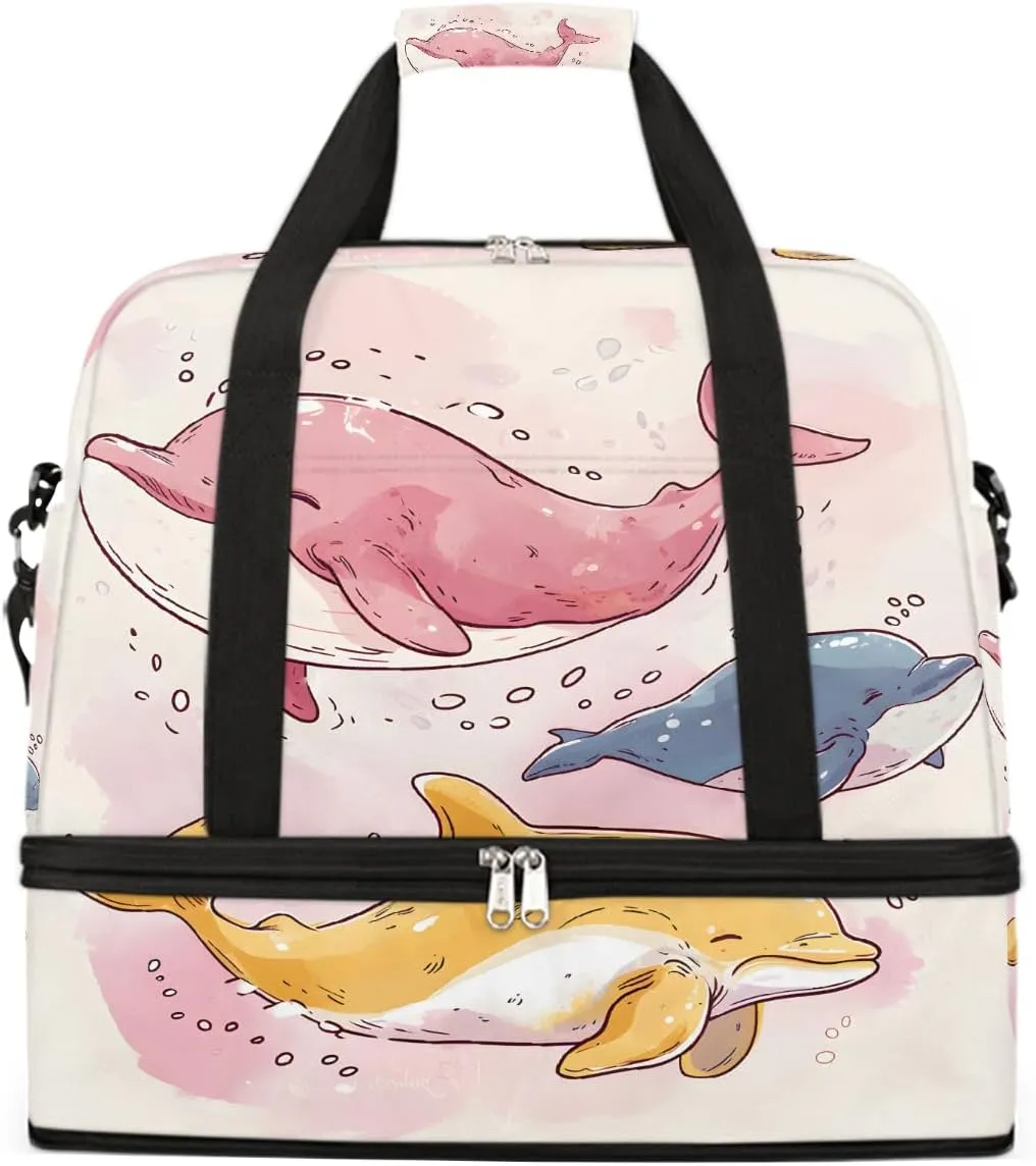 Sports Gym Bag Cute Cartoon Dolphin Large Travel Duffel Bag With Shoe Compartment Foldable Waterproof Carry-On Weekend Travel Bags for Camping Overnight Yoga Hospital Travel Bags