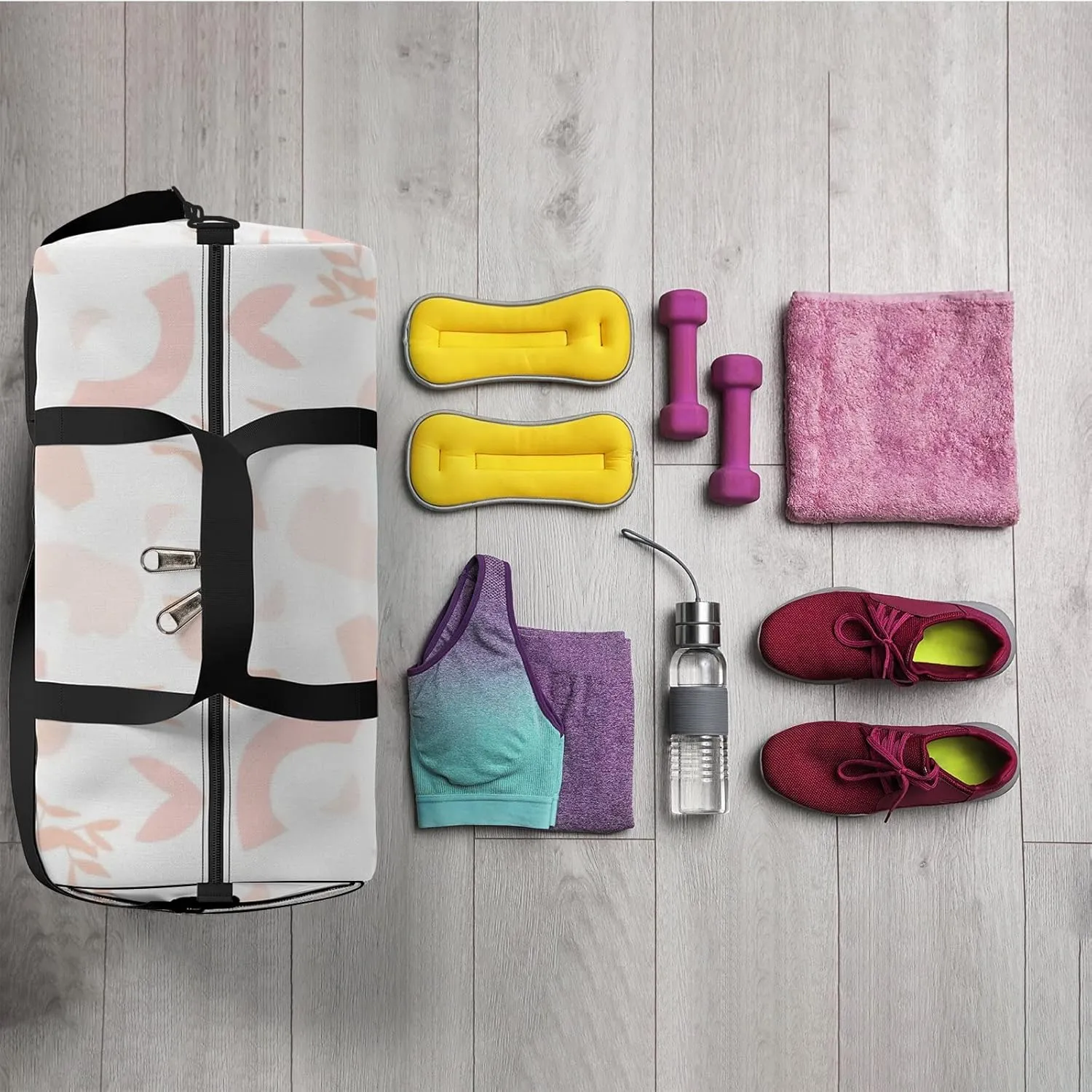 Sports Gym Bag for Women and Men Waterproof Abstract Simple Boho Shapes Pink Duffel Bag Lightweight Carryon Traveling Boarding Gripsack