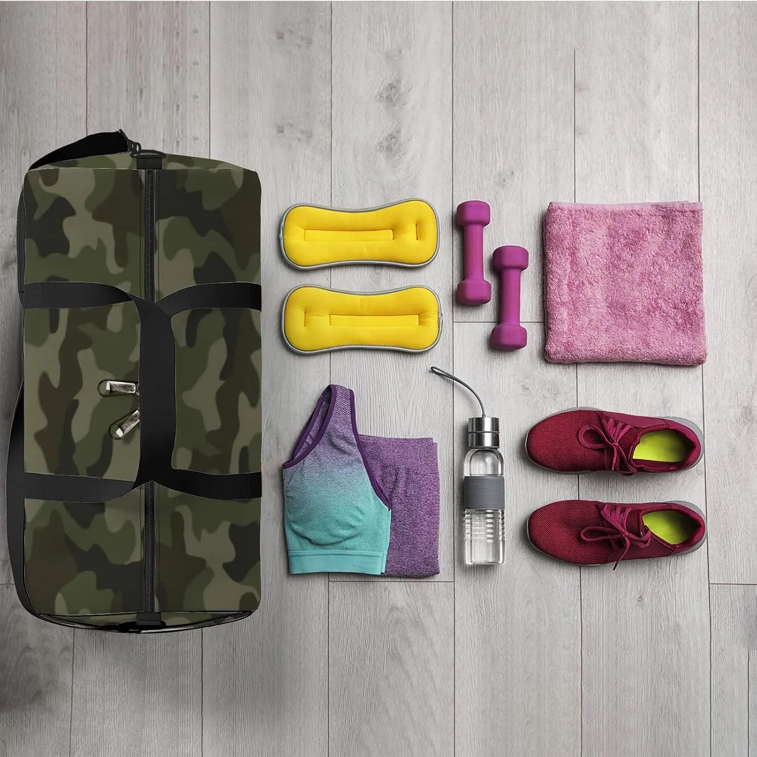 Sports Gym Bag for Women and Men Waterproof Camouflage Pattern Abstract Green Duffel Bag Lightweight Carryon Traveling Boarding Gripsack
