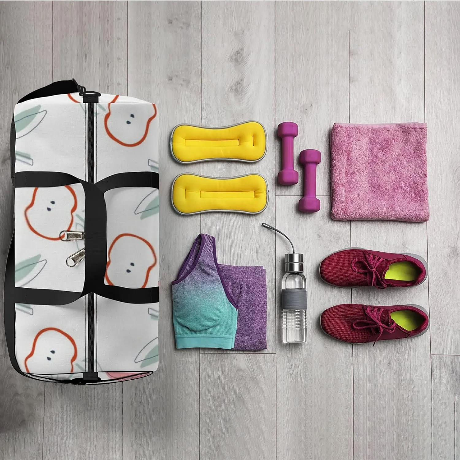 Sports Gym Bag for Women and Men Waterproof Childish Apples Leaf Hand Drawn Sketch Pattern Duffel Bag Lightweight Carryon Traveling Boarding Gripsack
