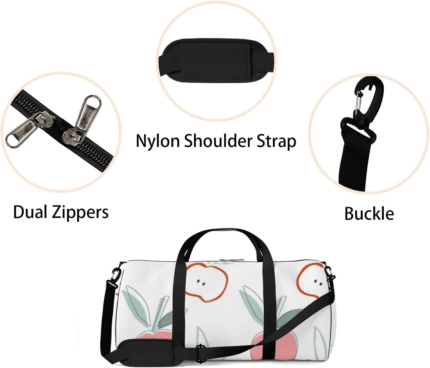 Sports Gym Bag for Women and Men Waterproof Childish Apples Leaf Hand Drawn Sketch Pattern Duffel Bag Lightweight Carryon Traveling Boarding Gripsack
