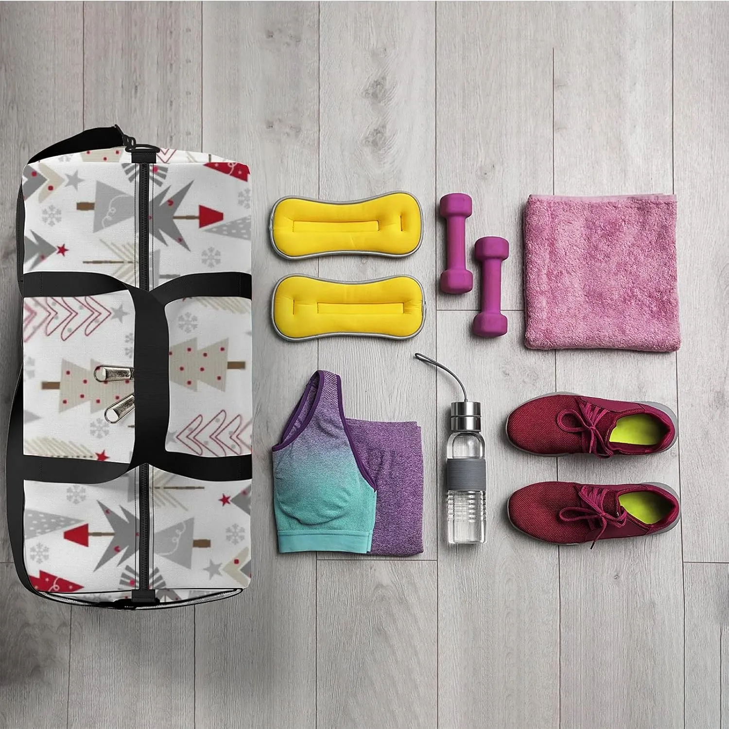 Sports Gym Bag for Women and Men Waterproof Christmas Trees White Duffel Bag Lightweight Carryon Traveling Boarding Gripsack