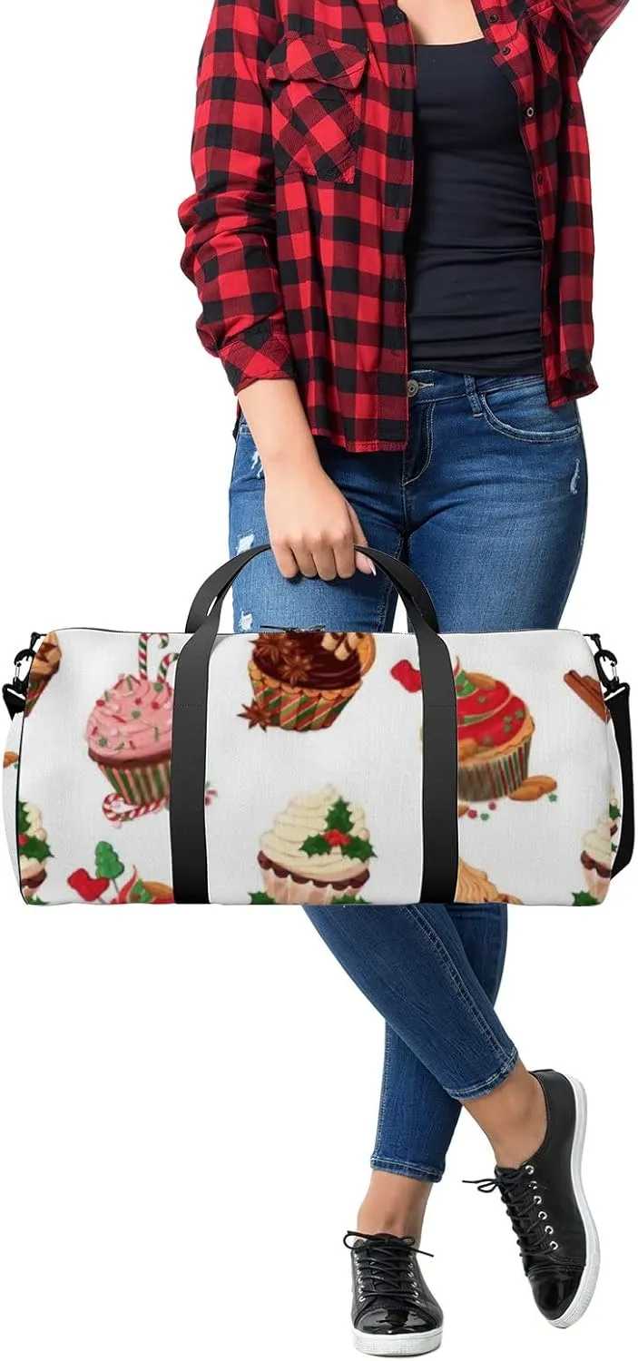 Sports Gym Bag for Women and Men Waterproof Colorful Christmas Cupcakes Pattern Duffel Bag Lightweight Carryon Traveling Boarding Gripsack