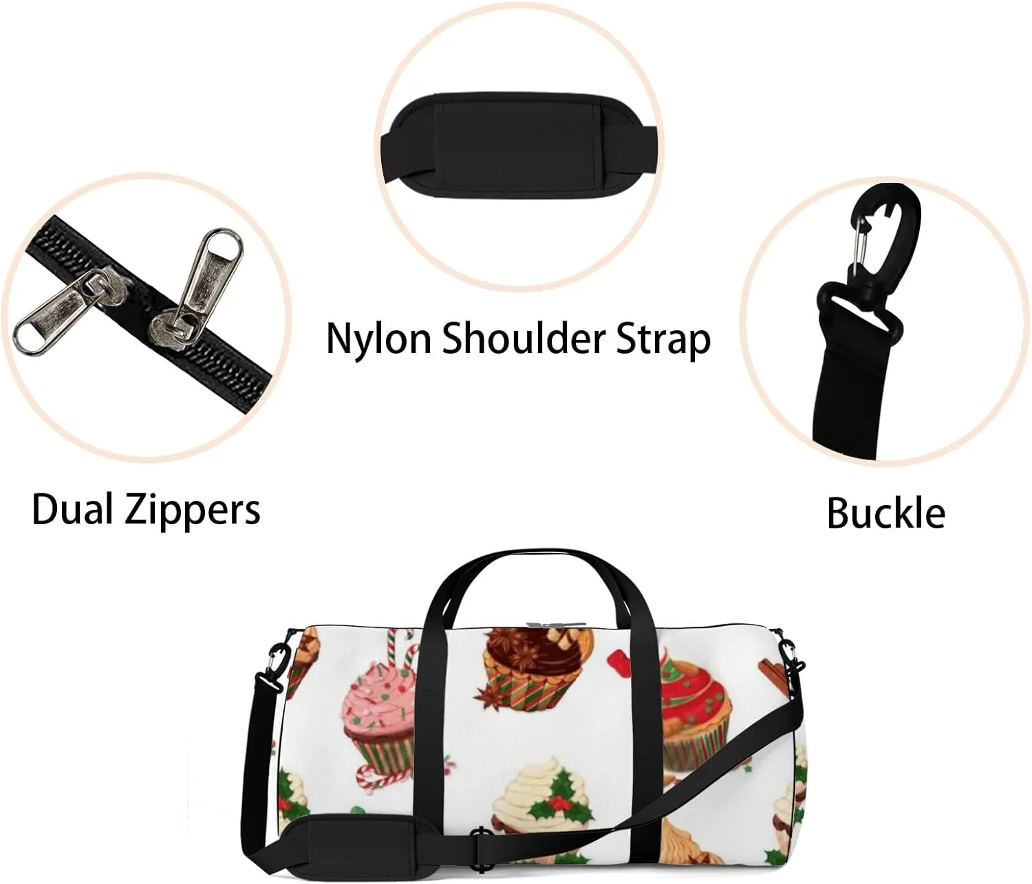 Sports Gym Bag for Women and Men Waterproof Colorful Christmas Cupcakes Pattern Duffel Bag Lightweight Carryon Traveling Boarding Gripsack
