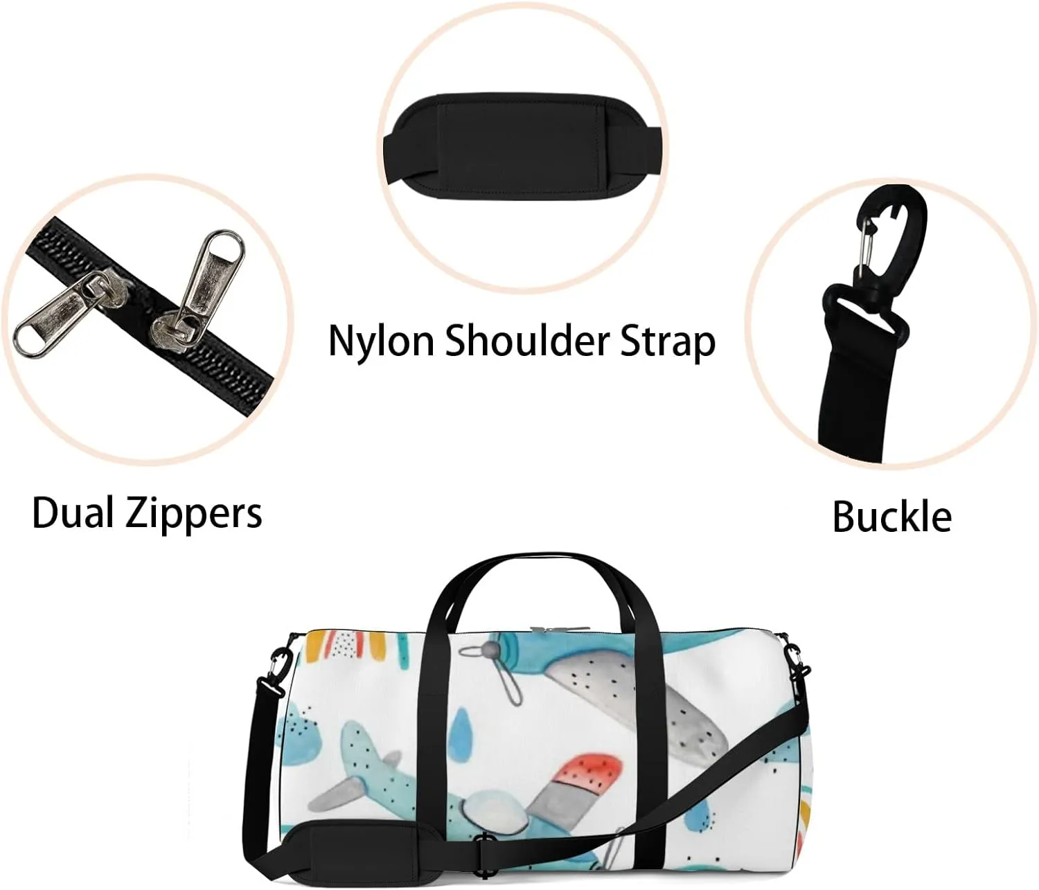 Sports Gym Bag for Women and Men Waterproof Cute Aircraft Rainbows Clouds White Duffel Bag Lightweight Carryon Traveling Boarding Gripsack
