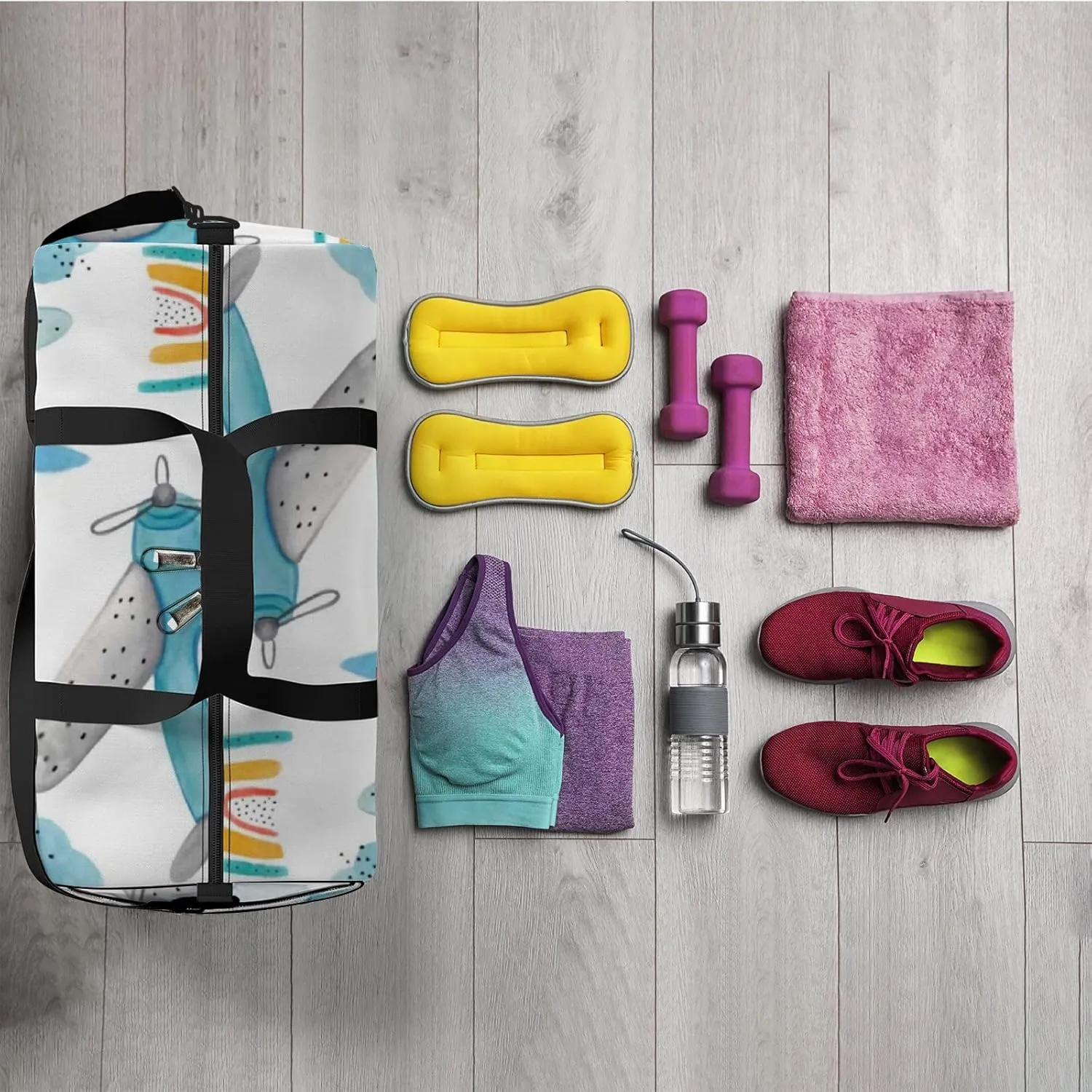 Sports Gym Bag for Women and Men Waterproof Cute Aircraft Rainbows Clouds White Duffel Bag Lightweight Carryon Traveling Boarding Gripsack