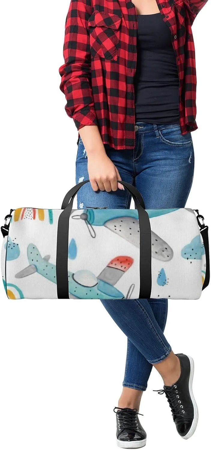 Sports Gym Bag for Women and Men Waterproof Cute Aircraft Rainbows Clouds White Duffel Bag Lightweight Carryon Traveling Boarding Gripsack