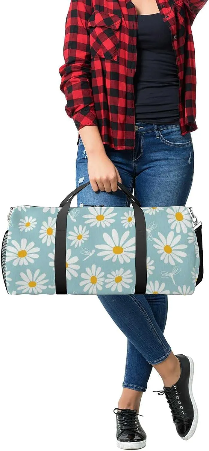 Sports Gym Bag for Women and Men Waterproof Daisy Flower Pattern Dragonfly Duffel Bag Lightweight Carryon Traveling Boarding Gripsack