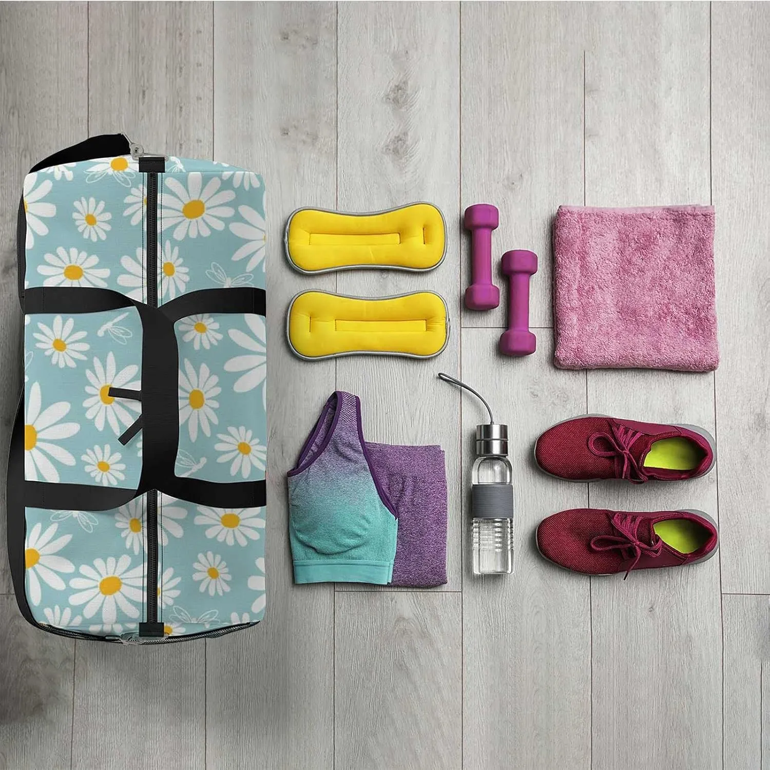 Sports Gym Bag for Women and Men Waterproof Daisy Flower Pattern Dragonfly Duffel Bag Lightweight Carryon Traveling Boarding Gripsack