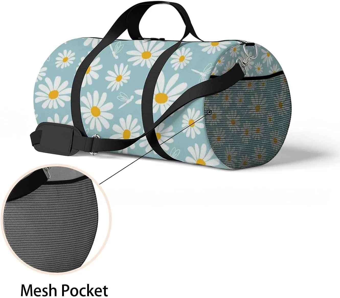 Sports Gym Bag for Women and Men Waterproof Daisy Flower Pattern Dragonfly Duffel Bag Lightweight Carryon Traveling Boarding Gripsack