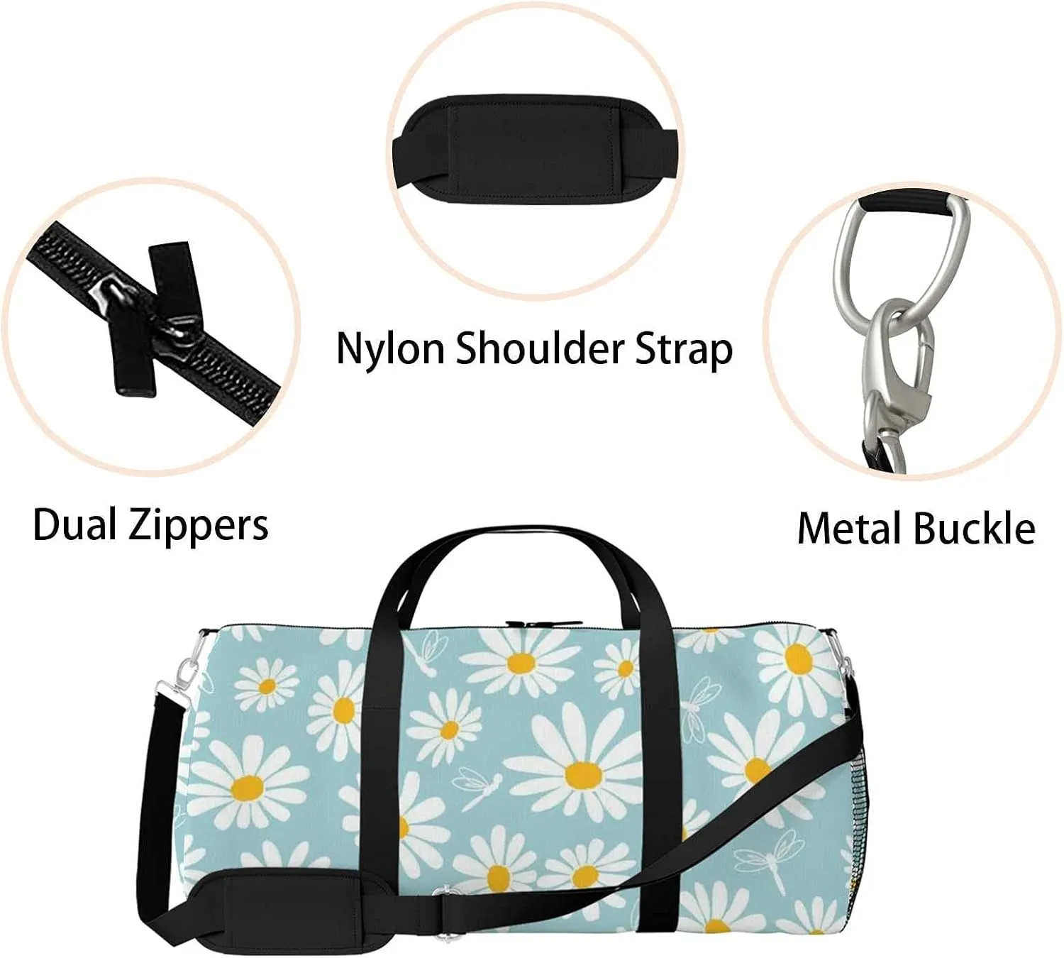 Sports Gym Bag for Women and Men Waterproof Daisy Flower Pattern Dragonfly Duffel Bag Lightweight Carryon Traveling Boarding Gripsack