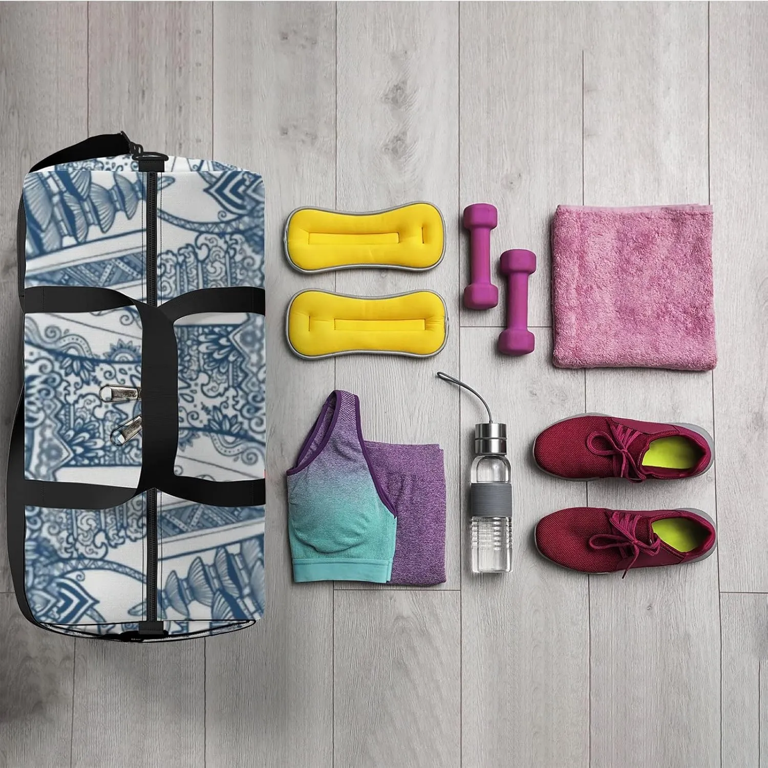 Sports Gym Bag for Women and Men Waterproof Doodle Line Art Style Duffel Bag Lightweight Carryon Traveling Boarding Gripsack