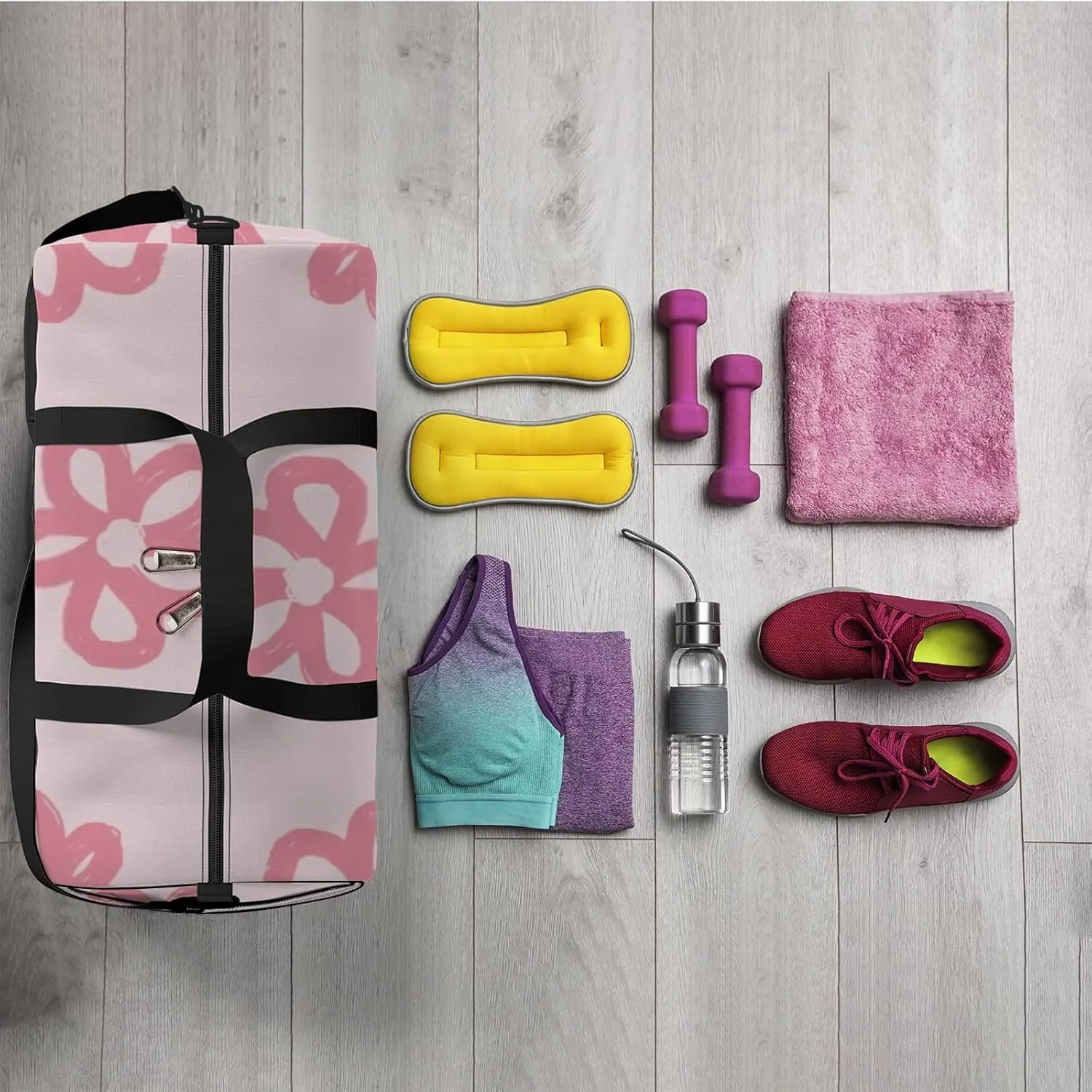 Sports Gym Bag for Women and Men Waterproof Floral Pattern Pink Duffel Bag Lightweight Carryon Traveling Boarding Gripsack