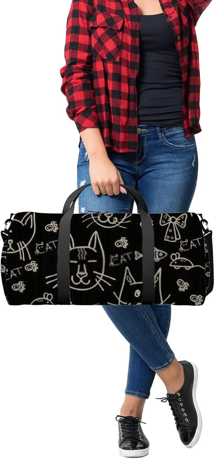 Sports Gym Bag for Women and Men Waterproof Hand Drawn Cats Pattern Black Duffel Bag Lightweight Carryon Traveling Boarding Gripsack