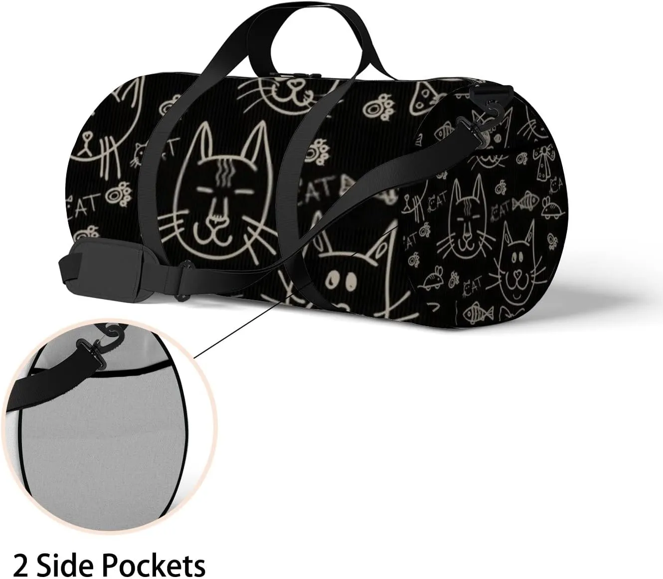 Sports Gym Bag for Women and Men Waterproof Hand Drawn Cats Pattern Black Duffel Bag Lightweight Carryon Traveling Boarding Gripsack