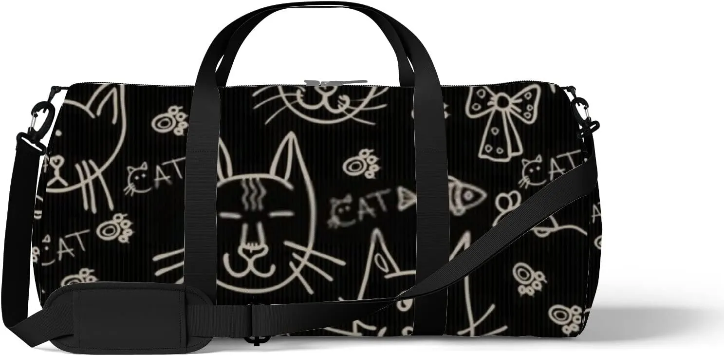 Sports Gym Bag for Women and Men Waterproof Hand Drawn Cats Pattern Black Duffel Bag Lightweight Carryon Traveling Boarding Gripsack