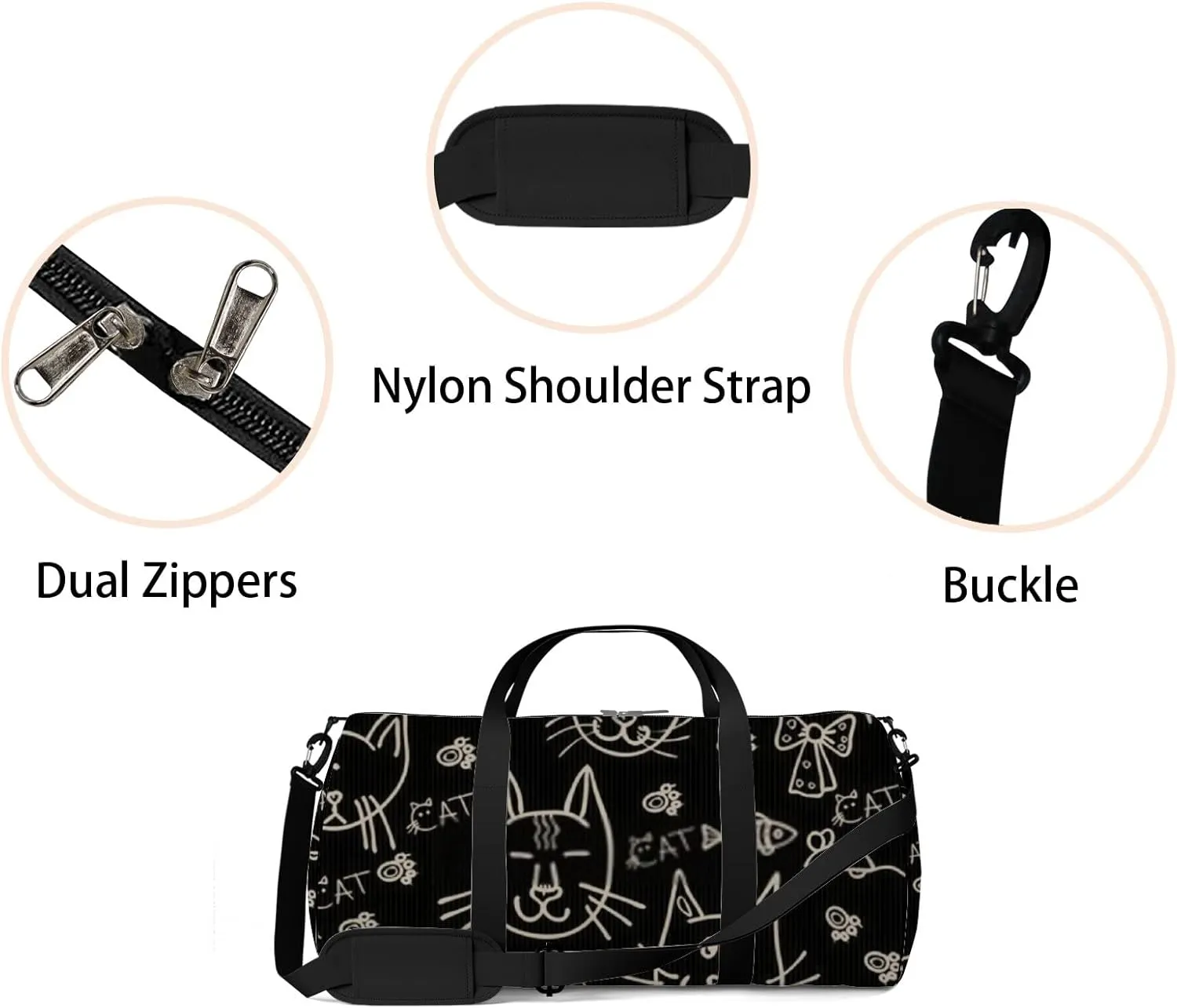 Sports Gym Bag for Women and Men Waterproof Hand Drawn Cats Pattern Black Duffel Bag Lightweight Carryon Traveling Boarding Gripsack