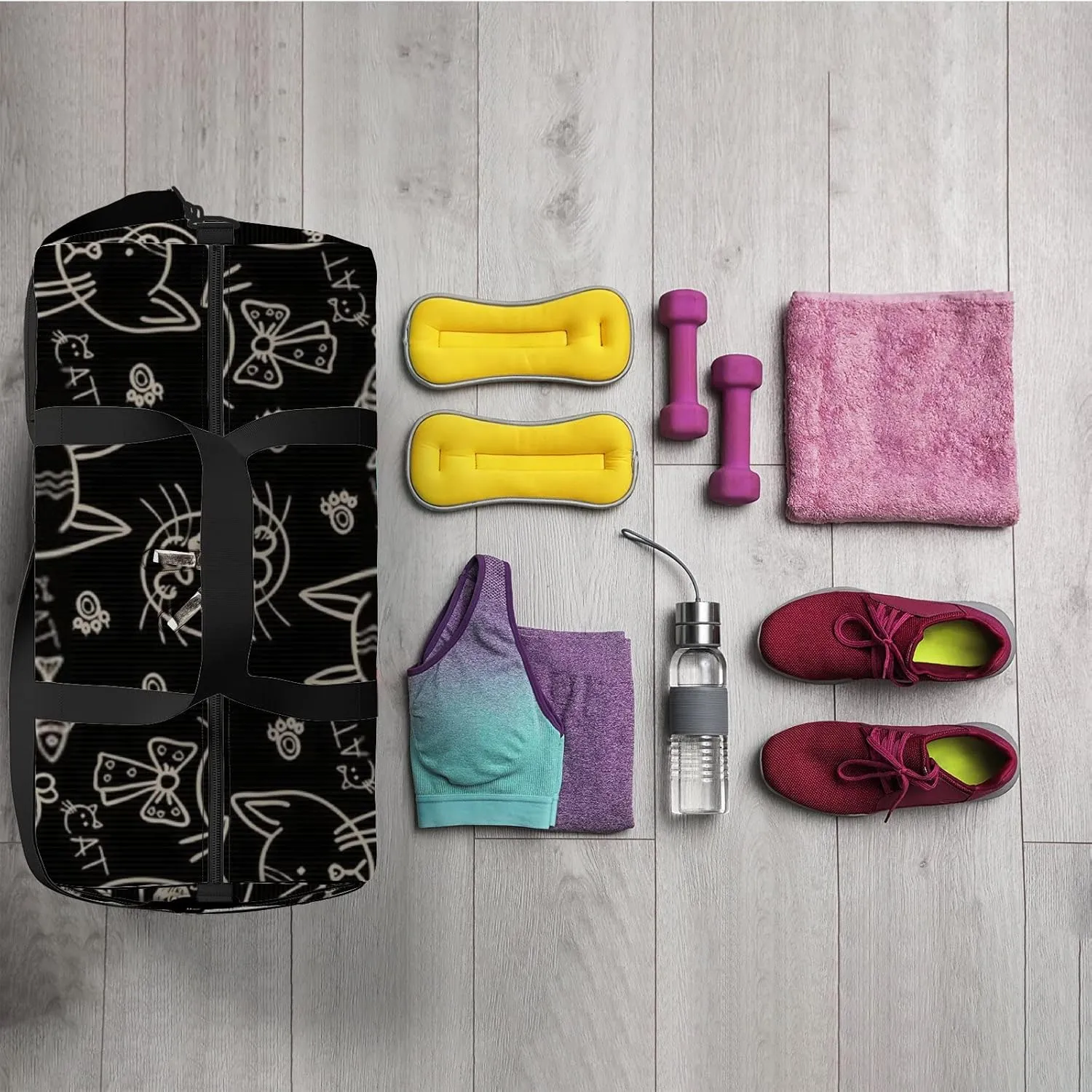 Sports Gym Bag for Women and Men Waterproof Hand Drawn Cats Pattern Black Duffel Bag Lightweight Carryon Traveling Boarding Gripsack