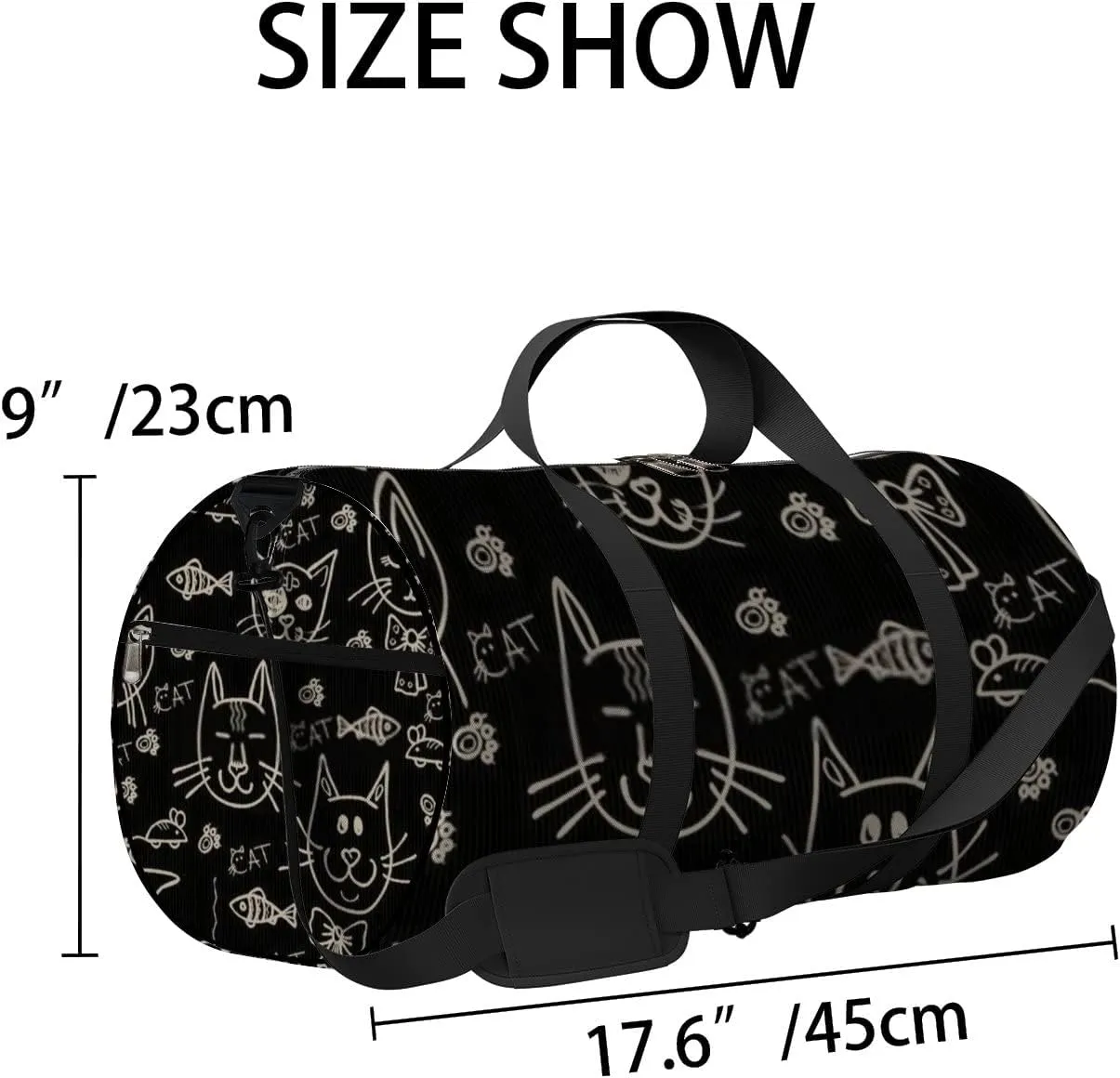Sports Gym Bag for Women and Men Waterproof Hand Drawn Cats Pattern Black Duffel Bag Lightweight Carryon Traveling Boarding Gripsack