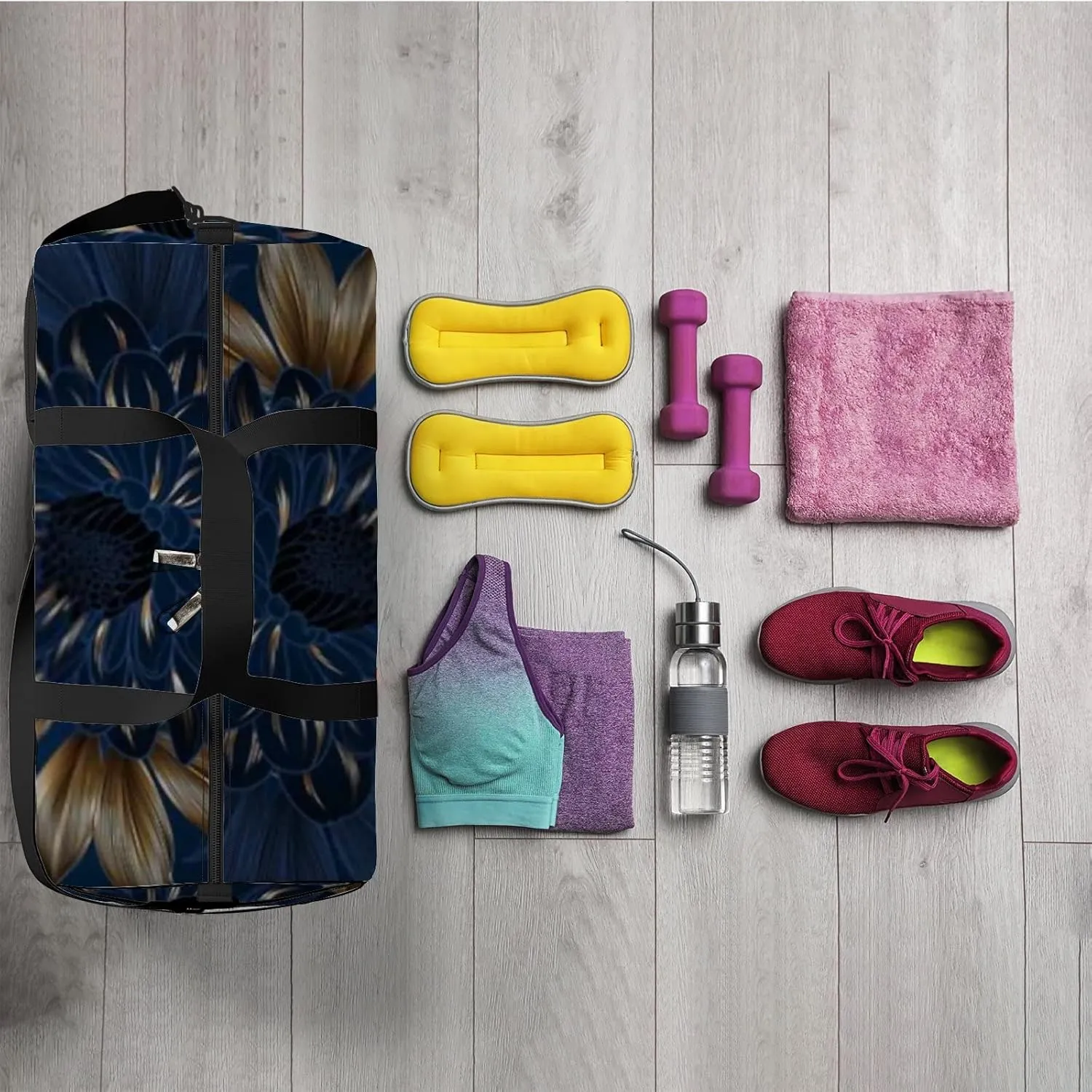 Sports Gym Bag for Women and Men Waterproof Hand Drawn Chrysanthemums Flowers Leaves Duffel Bag Lightweight Carryon Traveling Boarding Gripsack
