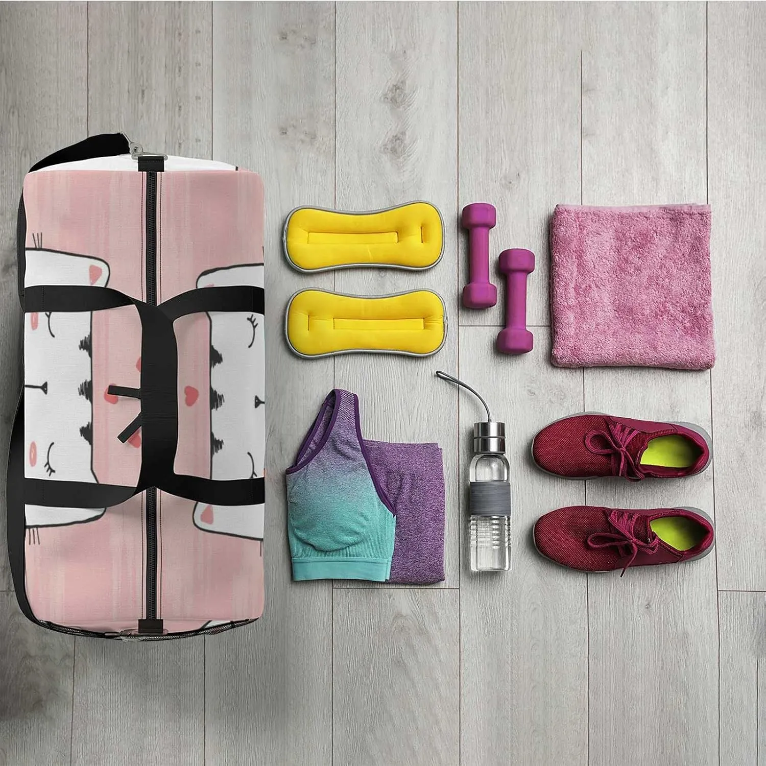 Sports Gym Bag for Women and Men Waterproof Illustration White Cat Duffel Bag Lightweight Carryon Traveling Boarding Gripsack