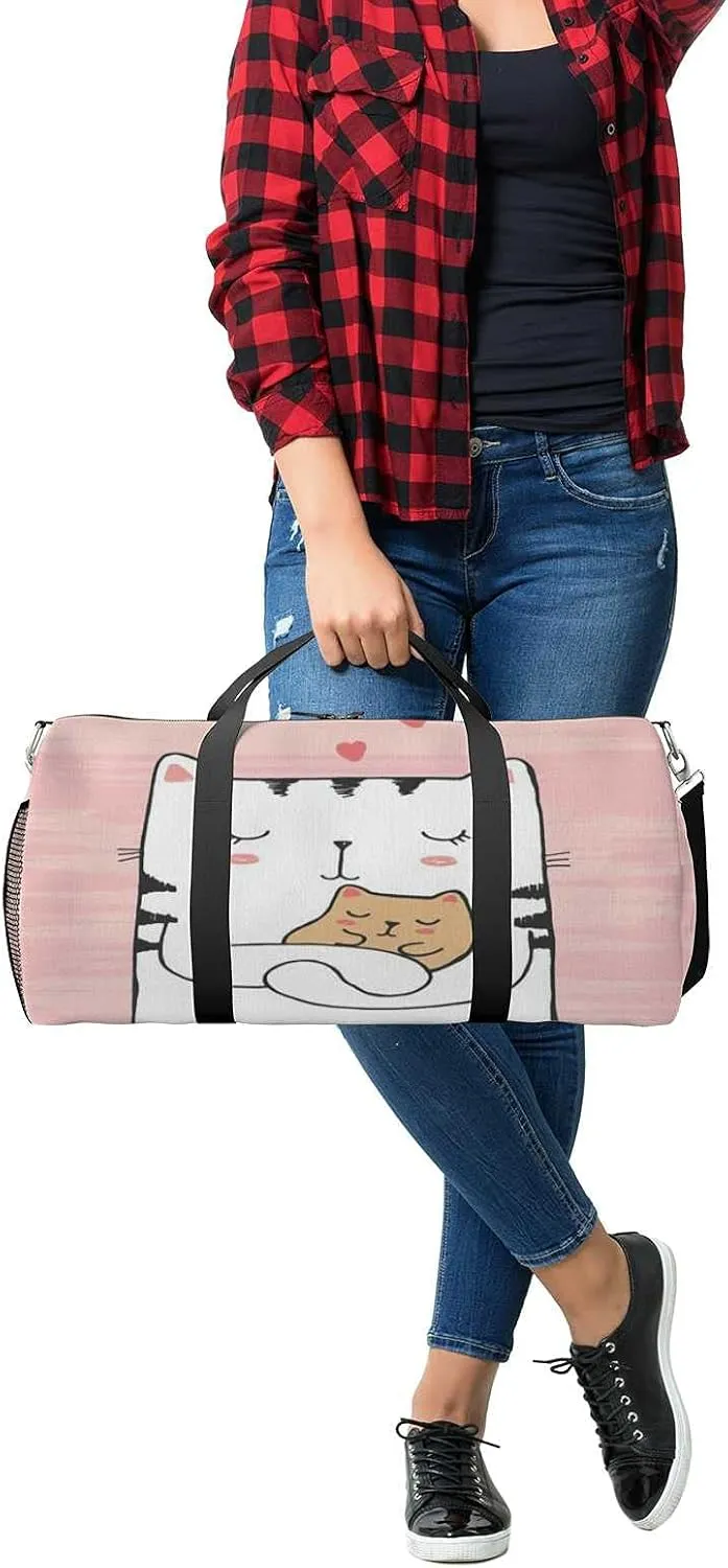Sports Gym Bag for Women and Men Waterproof Illustration White Cat Duffel Bag Lightweight Carryon Traveling Boarding Gripsack