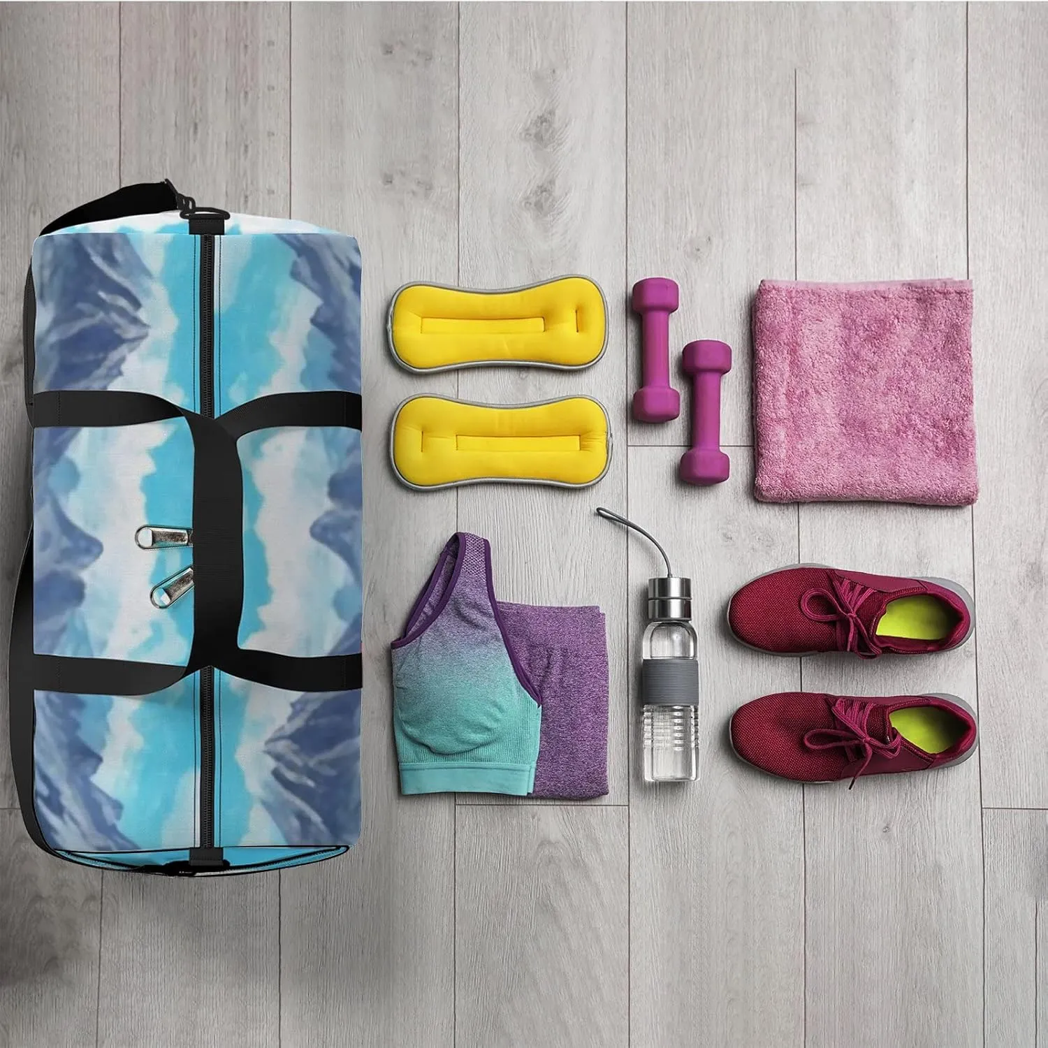 Sports Gym Bag for Women and Men Waterproof Mountains Landscape Sketch Style Duffel Bag Lightweight Carryon Traveling Boarding Gripsack