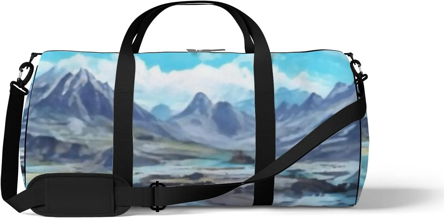 Sports Gym Bag for Women and Men Waterproof Mountains Landscape Sketch Style Duffel Bag Lightweight Carryon Traveling Boarding Gripsack