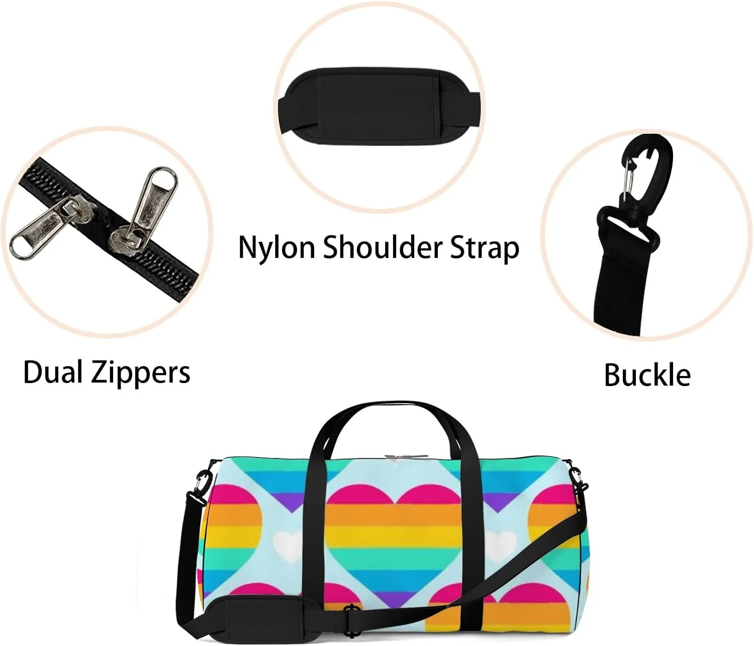 Sports Gym Bag for Women and Men Waterproof Rainbow Hearts Duffel Bag Lightweight Carryon Traveling Boarding Gripsack