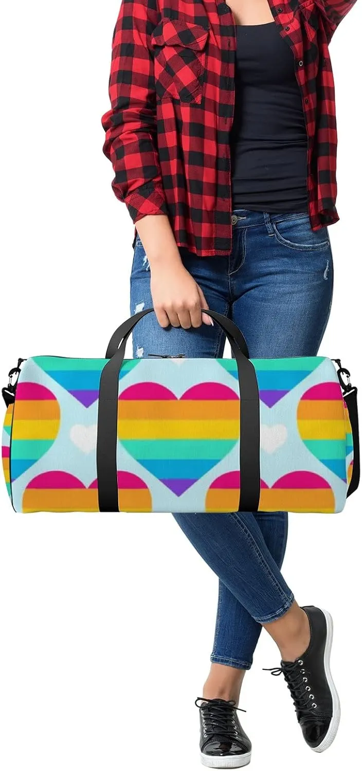 Sports Gym Bag for Women and Men Waterproof Rainbow Hearts Duffel Bag Lightweight Carryon Traveling Boarding Gripsack